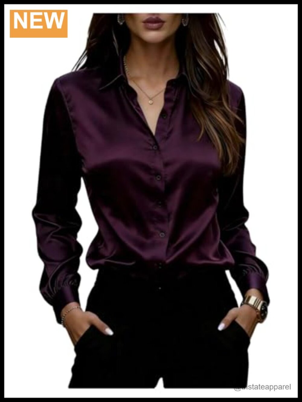 Women's Elegant Satin Collared Button Down Blouse Long Sleeve Business Casual